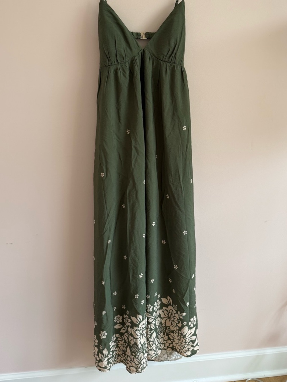 Abercrombie & Fitch Olive Green Maxi Dress with Cream Floral Border